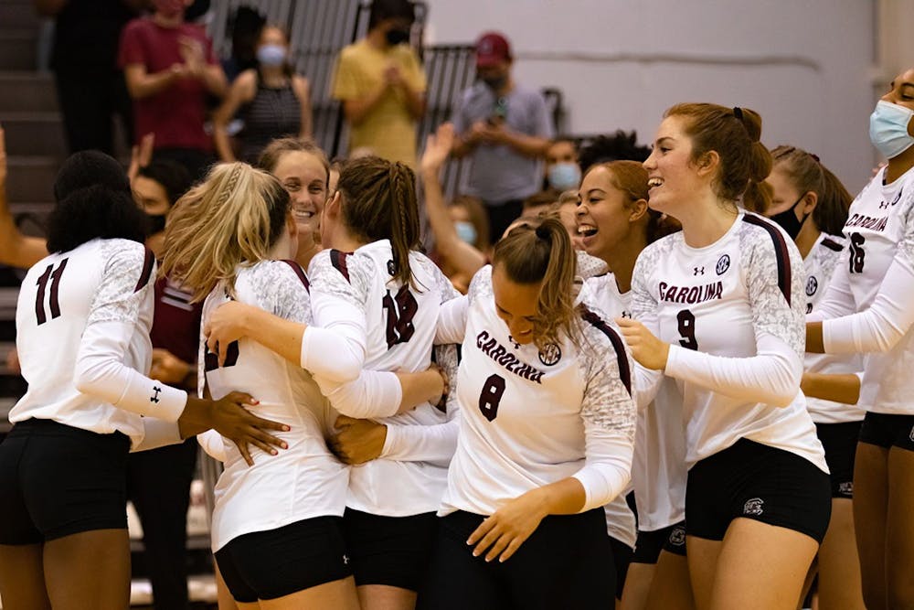 <p>The Gamecock Volleyball team celebrates Freshman Emmy Rollins first collegiate career kill. Rollins earned the game winning point completing a three-set sweep over the High Point Panthers.&nbsp;</p>