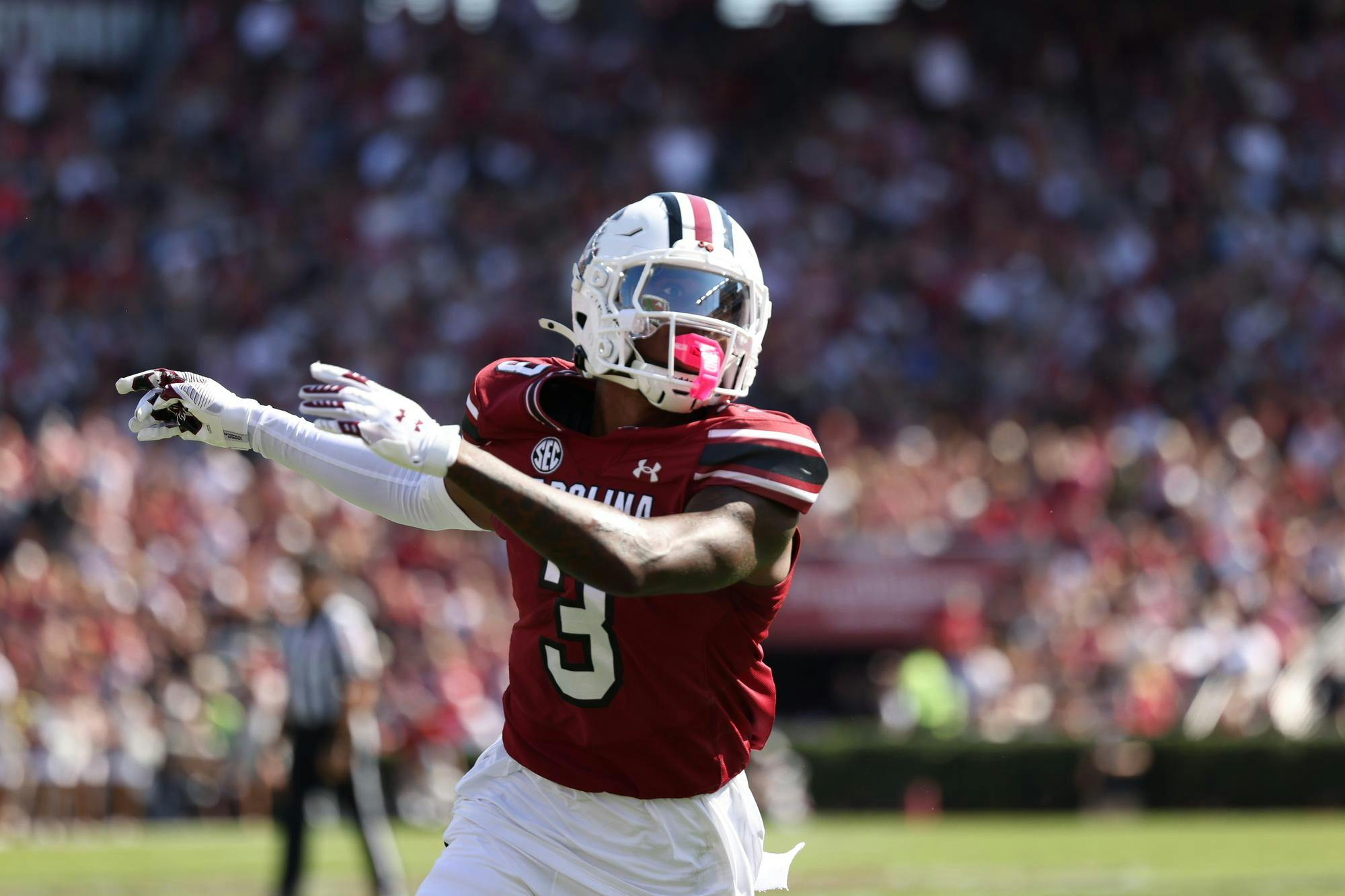Sophomore wide receiver Mazeo Bennett Jr. runs after a ball that is in midair. The South Carolina Gamecocks played against the Oklahoma Sooners Saturday afternoon and lost 26-7.