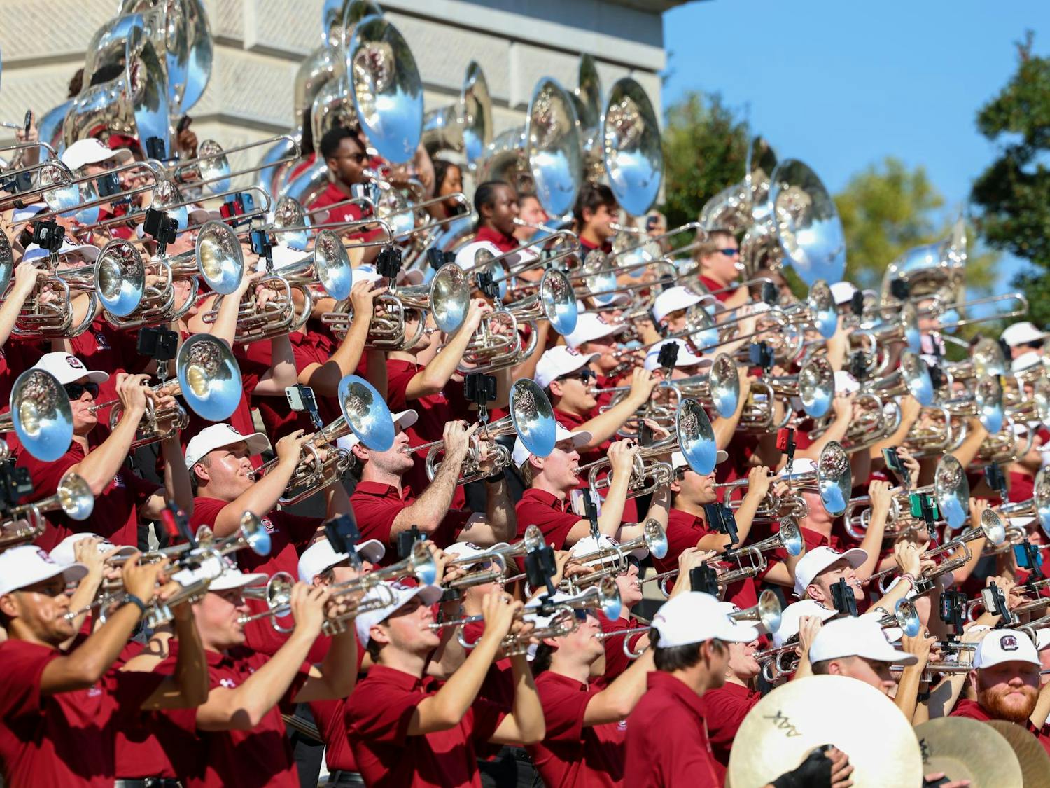 Members of the Carolina Band perform on the steps of the South Carolina State House in Columbia, S.C. on Oct. 26, 2024. The "Mighty Sound of the Southeast" will perform in the Macy's Thanksgiving Day Parade in New York City for the first time this year.
