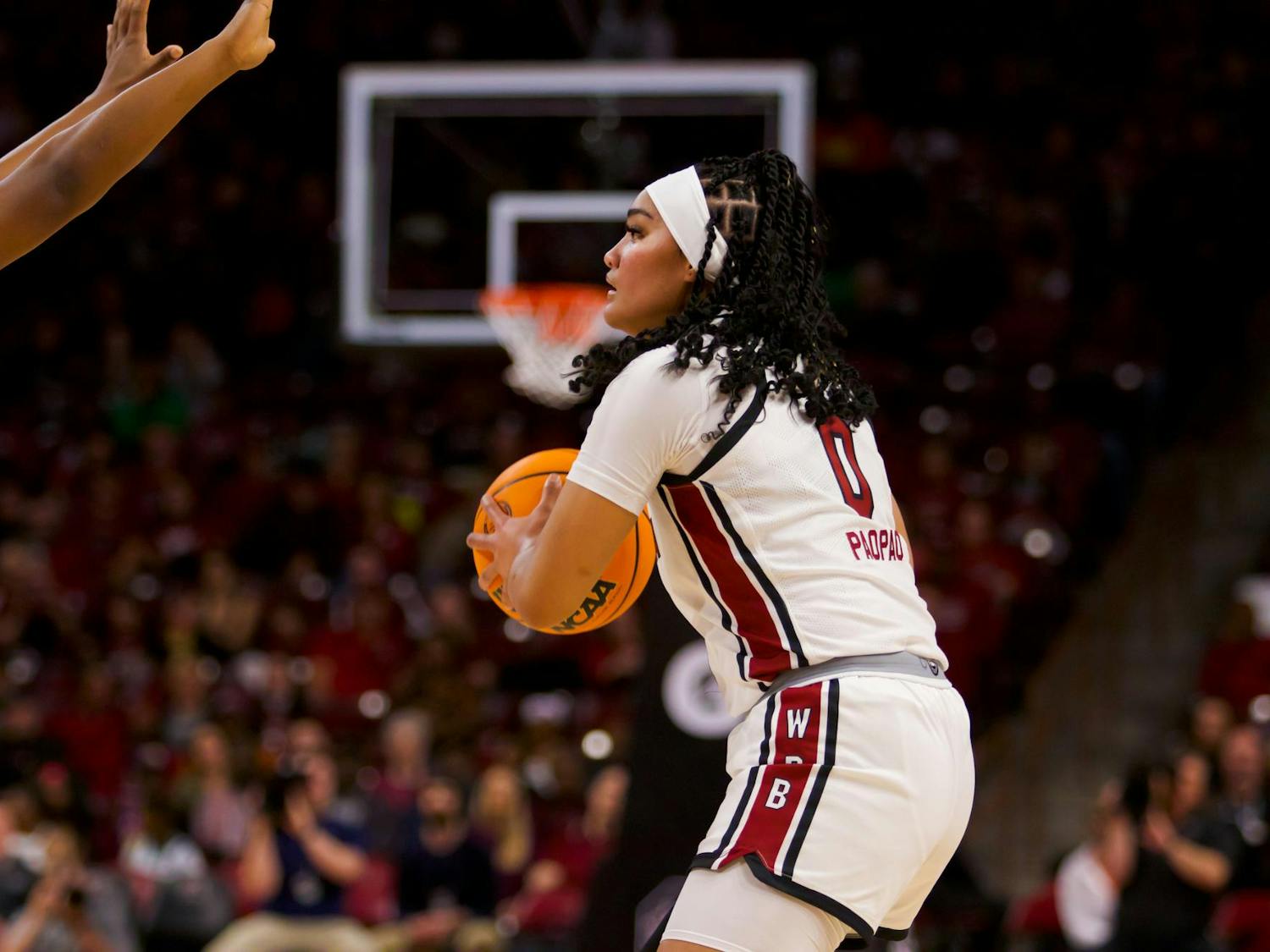 FILE — Senior guard Te-Hina Paopao passes the ball to freshman guard MiLaysia Fulwiley on Jan. 15, 2024. Paopao made five assists aiding the Gamecocks to a victory of 98-36 against Kentucky at Colonial Life Arena.