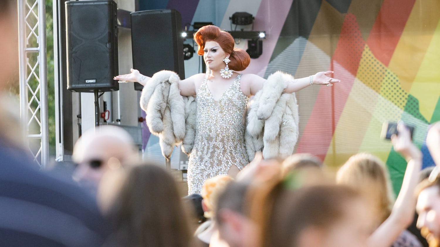 A drag queen walks across the stage in an attempt to win the title of Miss Outfest 2022 on June 4, 2022. Outfest featured performances, food and vendors in honor of Pride month.