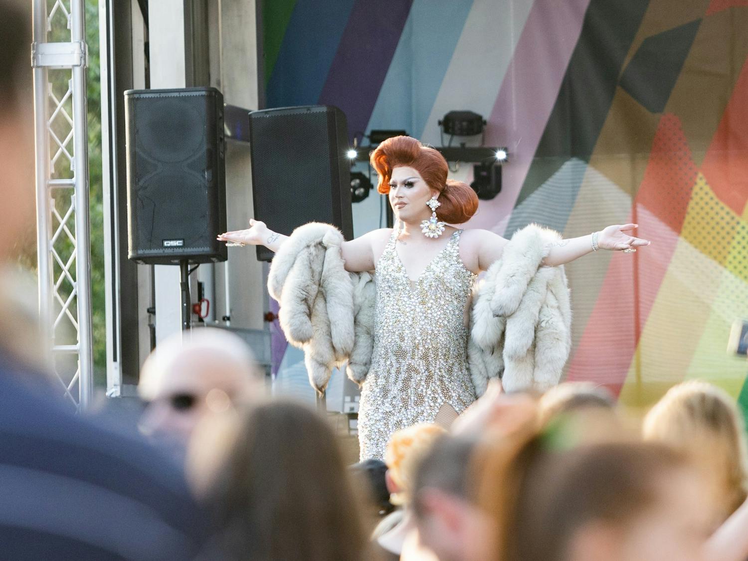 A drag queen walks across the stage in an attempt to win the title of Miss Outfest 2022 on June 4, 2022. Outfest featured performances, food and vendors in honor of Pride month.