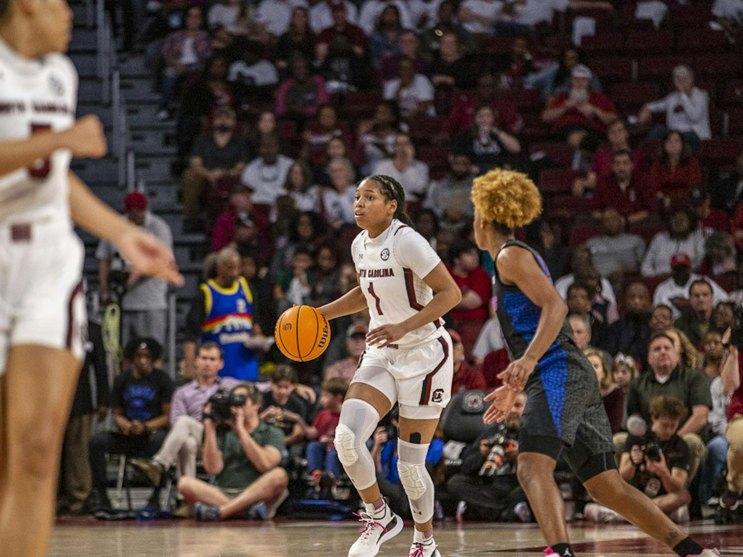 Senior guard Zia Cooke looks for a teammate to pass the ball to during the match against Florida at Colonial Life Arena on Feb. 16, 2023. The Gamecocks beat the Gators 87-56. 