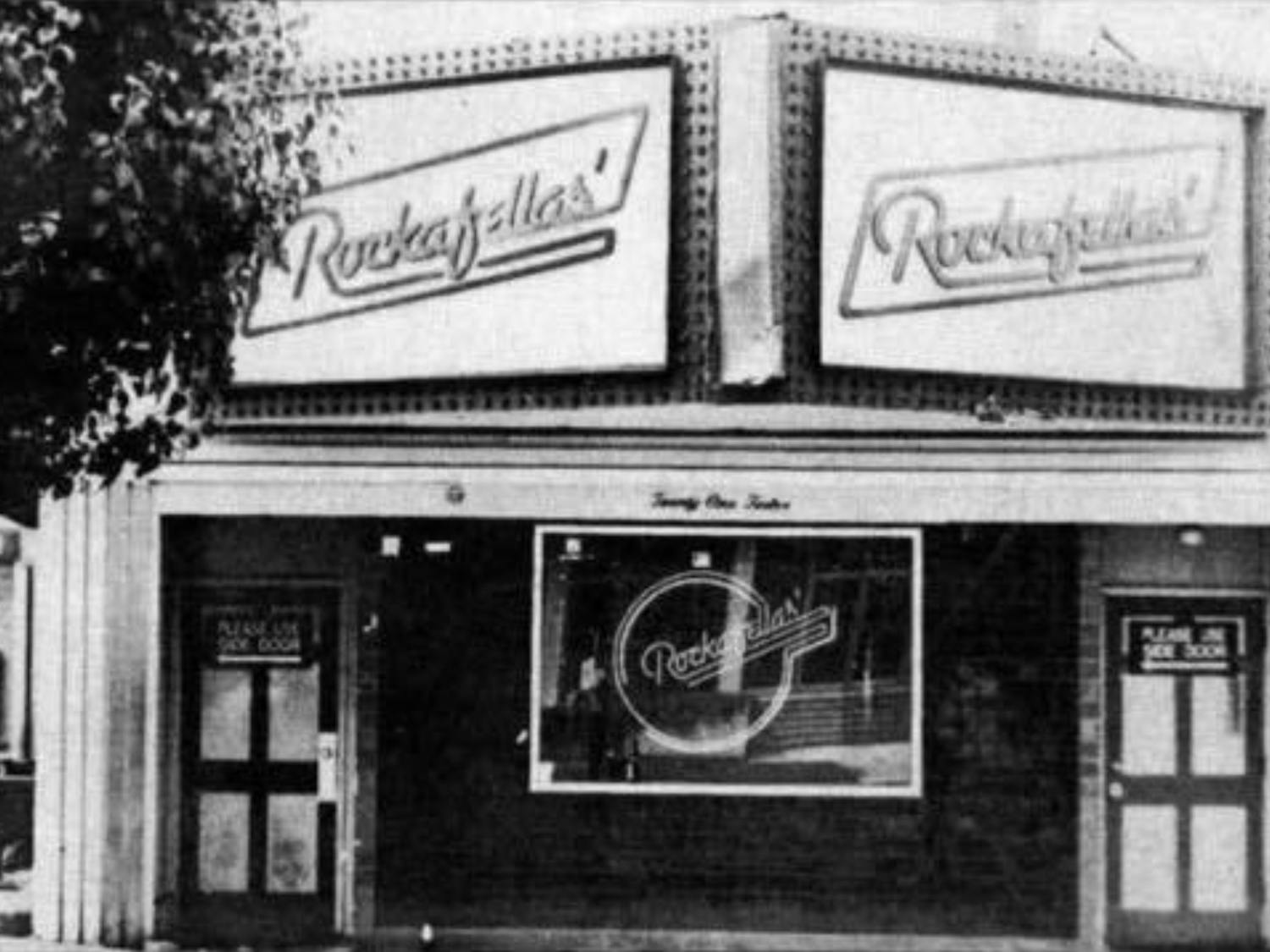 The front entrance of the now-closed Rockafella's. The space was a live music venue before becoming Jake's Bar &amp; Grill in the early 2000s.