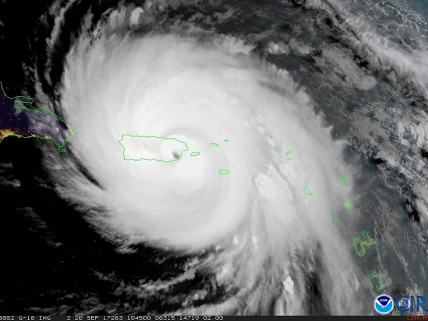 GOES-16 geocolor image of Hurricane Maria over Puerto Rico as it made landfall on Sept. 20, 2017. (NOAA/NASA/CIRA)