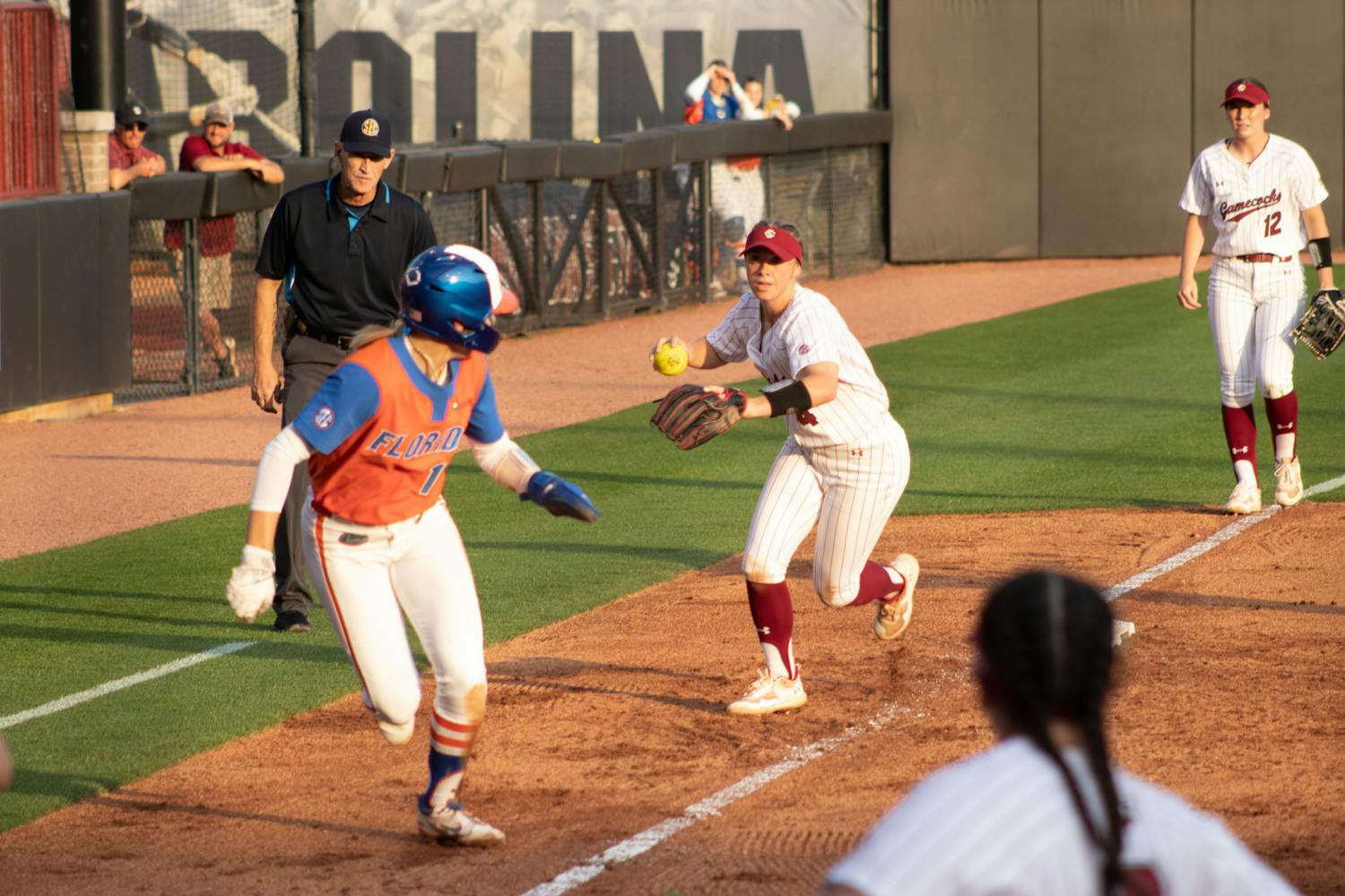 Sophomore infielder Brooke Blankenship runs down a Florida Gator during the game on March 31, 2023, at Beckham Field. The Gamecocks beat the Gators 13-10.