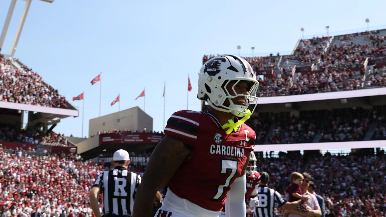 FILE - Defensive back player Nick Emmanwori joins up with the other Gamecocks during their huddle on Oct. 28, 2025 at Williams-Brice Stadium.