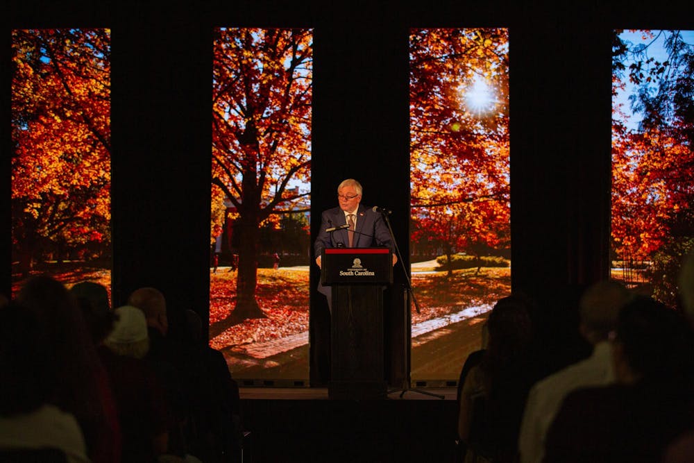 <p>President Michael Amiridis delivers his State of the University Address in the Russell House Ballroom on Sept. 11, 2024. Faculty, students and staff gathered in the ballroom to hear Amirdis reflect on the universities accomplishments.</p>