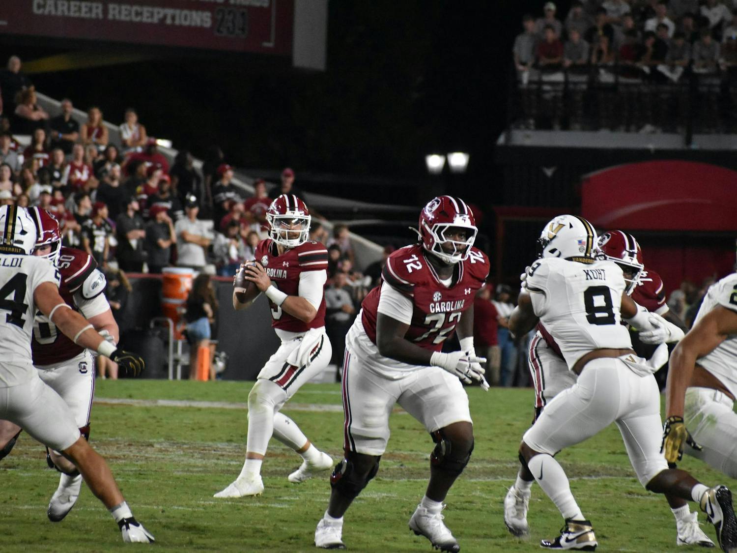 Graduate athlete Luke Doty is looking for an open teammate during the game against Vanderbilt on Sept. 13, 2025. Doty had 148 passing yards during the game.