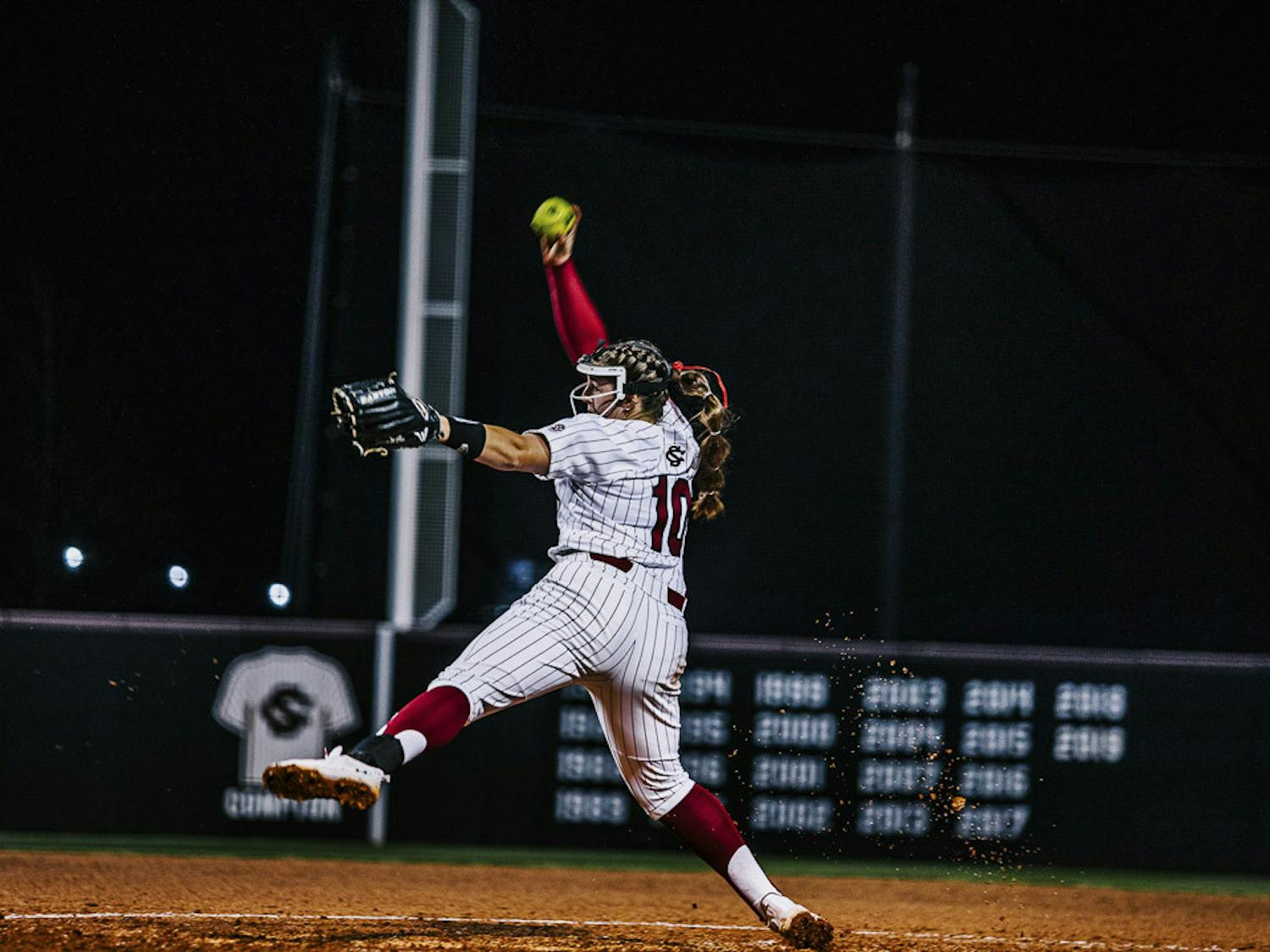 Senior pitcher Bailey Betenbaugh winds up to throw her first pitch of the home opener against the College of Charleston at Carolina Softball Stadium at Beckham Field on February 15, 2023. The Gamecocks beat the Cougars 8-0.&nbsp;