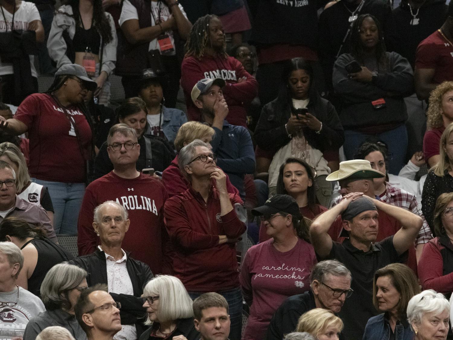 The South Carolina fan section expresses distress with Iowa being up by 4 points with 35 seconds left in the fourth quarter of the Final Four matchup on March 31, 2023. The Gamecocks managed to get the game within 2 points with 10 seconds left, but the Hawkeyes would secure the win with the help of Clark’s free throws.