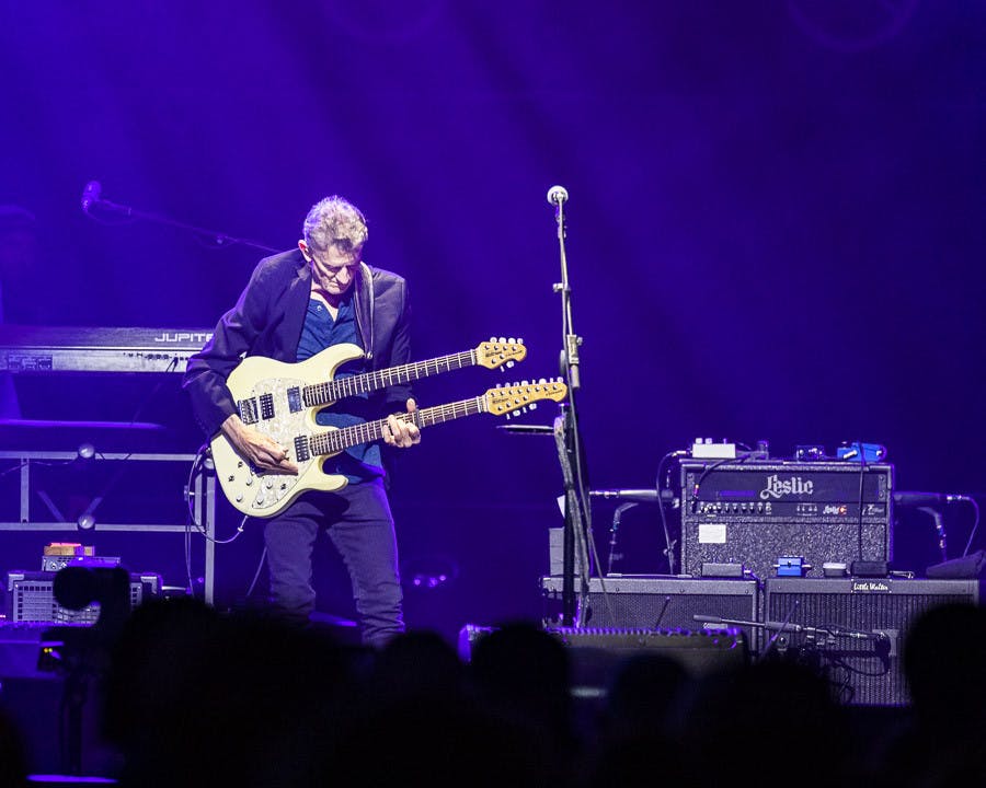 Eagles guitarist Steuart Smith plays a double neck guitar during the band's performance of "Hotel California" at Colonial Life Arena on March 30, 2023. The band opened up the concert with "Hotel California" and closed out with its hit song, "The Best of My Love."