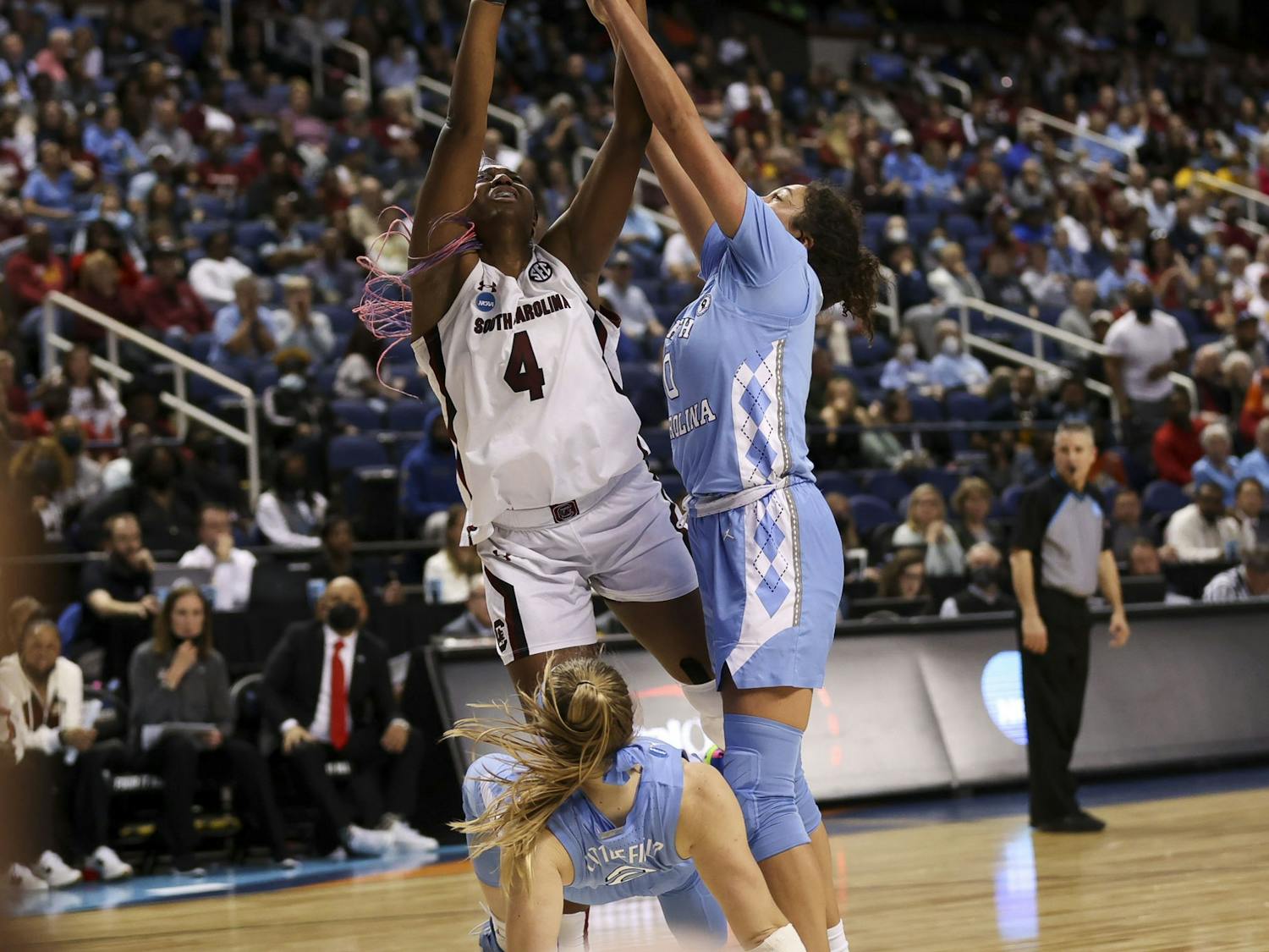 Junior forward Aliyah Boston shoots a layup during the fourth quarter of South Carolina's 69-61 victory over North Carolina in the Sweet Sixteen on March 25, 2022.