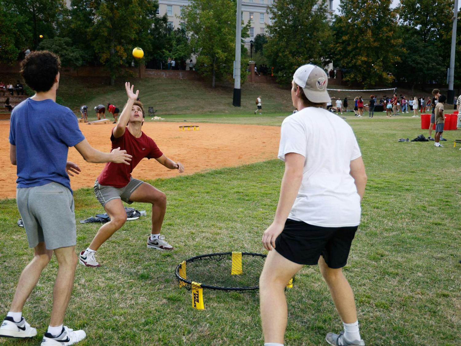 A group of students play Spikeball at Blatt Bonanza on Sept. 18, 2024, at Blatt Field. There were several recreational activities set up around the field for students to partake in.