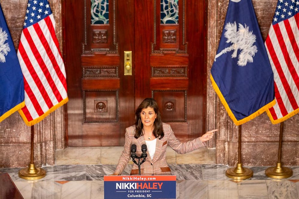 <p>Nikki Haley gives a speech prior to signing her name onto the Republican presidential primary ballot in the lobby of the South Carolina Statehouse on Oct. 30, 2023. The former governor of South Carolina talked about economics, homeland security, foreign affairs, education and more during the event.</p>