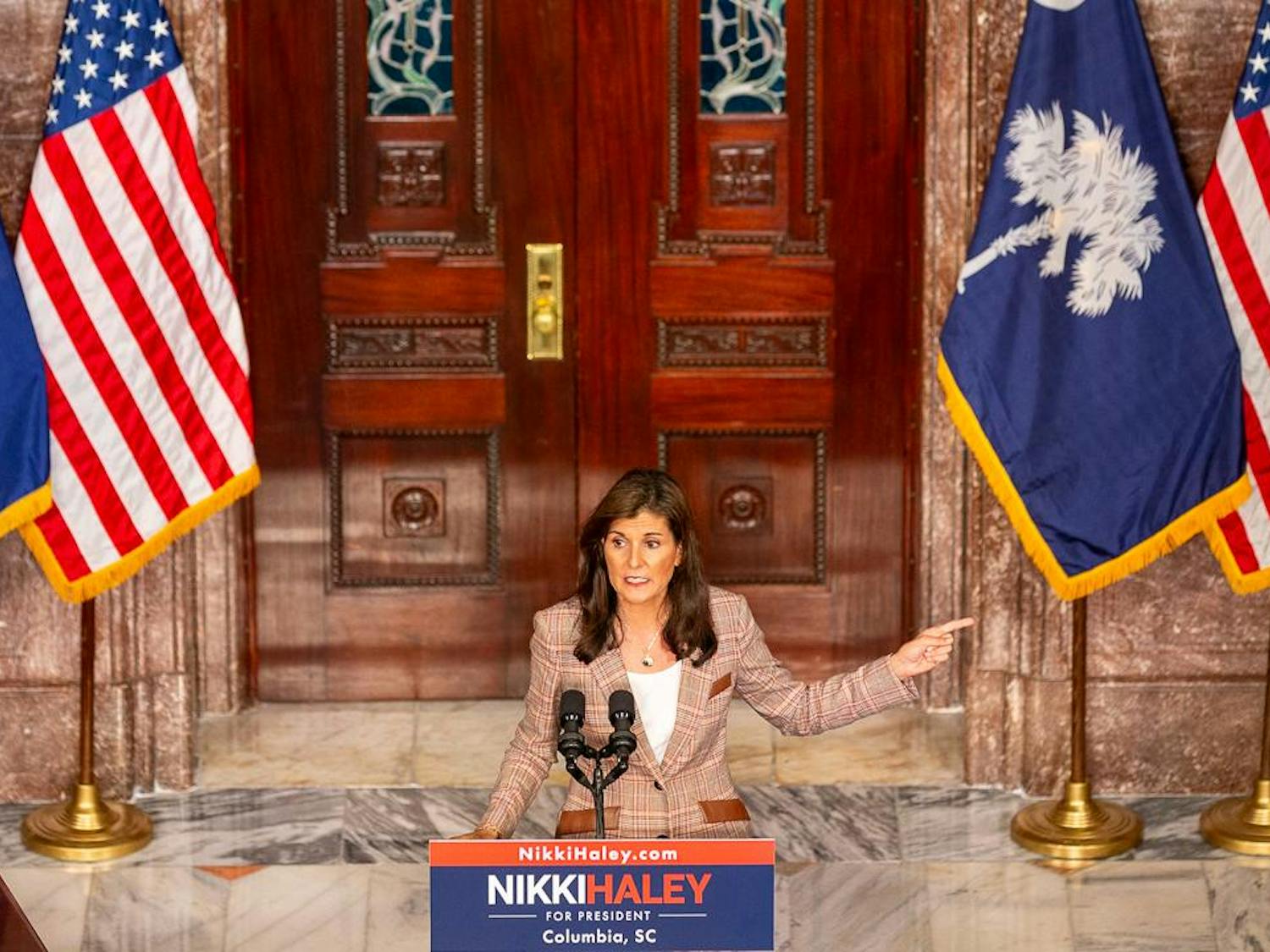Nikki Haley gives a speech prior to signing her name onto the Republican presidential primary ballot in the lobby of the South Carolina Statehouse on Oct. 30, 2023. The former governor of South Carolina talked about economics, homeland security, foreign affairs, education and more during the event.