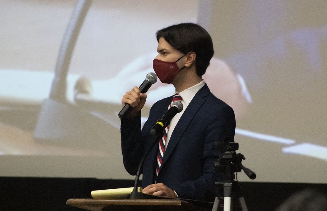 &nbsp;Pro Tempore of the Senate, Sawyer McDuffie addresses the crowd Wednesday evening Sept. 23 2020.&nbsp;