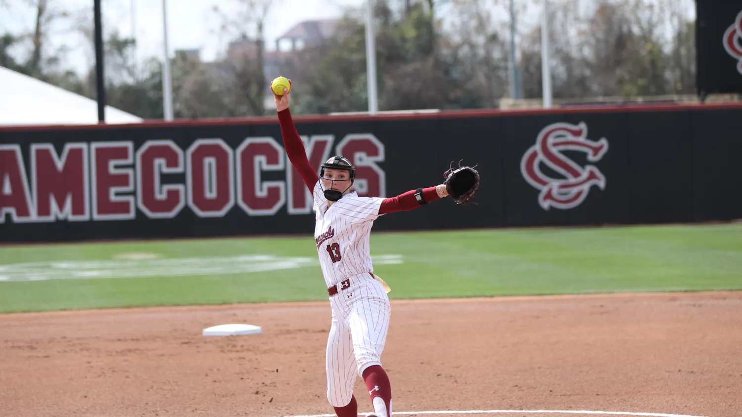 FILE — Junior pitcher Emma Friedel pitches a softball against the Texas Longhorns on March 8, 2026, at Beckham Field. The Gamecocks were defeated twice in their fourth conference series against the Tennessee Volunteers from April 2-4, 2026.