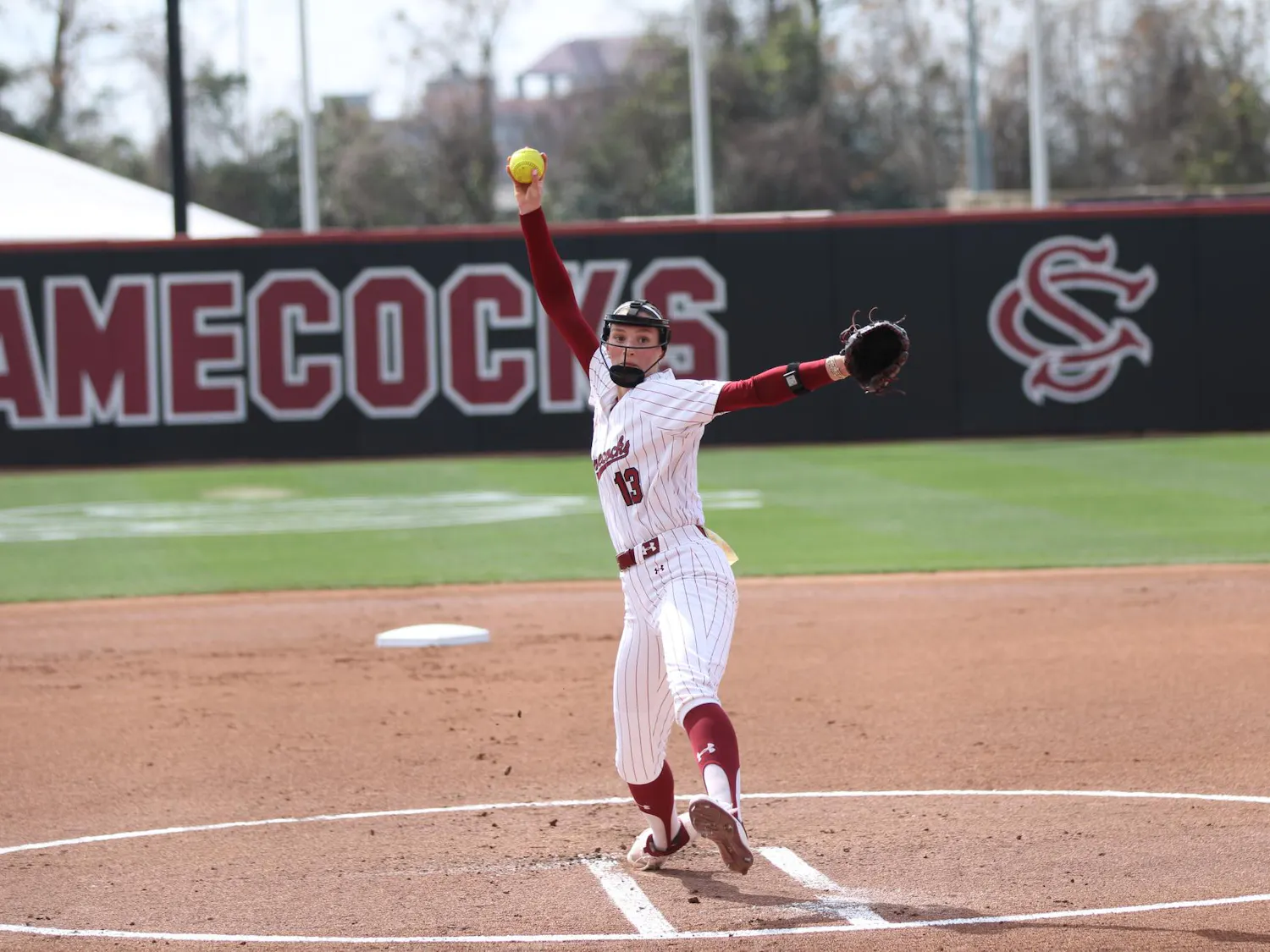 FILE — Junior pitcher Emma Friedel pitches a softball against the Texas Longhorns on March 8, 2026, at Beckham Field. The Gamecocks were defeated twice in their fourth conference series against the Tennessee Volunteers from April 2-4, 2026.