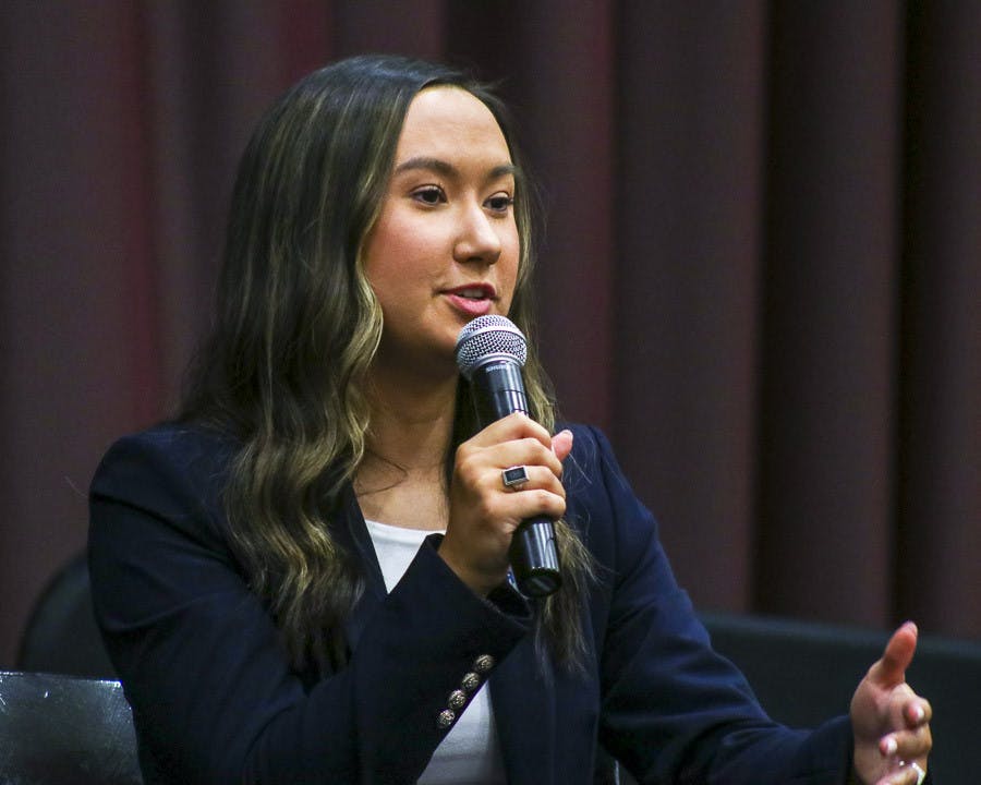 Student Body President-elect Emily “Emmie” Thompson answers a question at the Student Government debate on Feb. 15, 2023. She promoted her campaign by advertising “tangible” goals and promises.&nbsp;