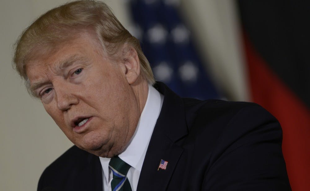 President Donald Trump during a joint news conference with German Chancellor Angela Merkel in the East Room of the White House on Friday, March 17, 2017, in Washington, D.C. (Leigh Vogel/Sipa USA/TNS)