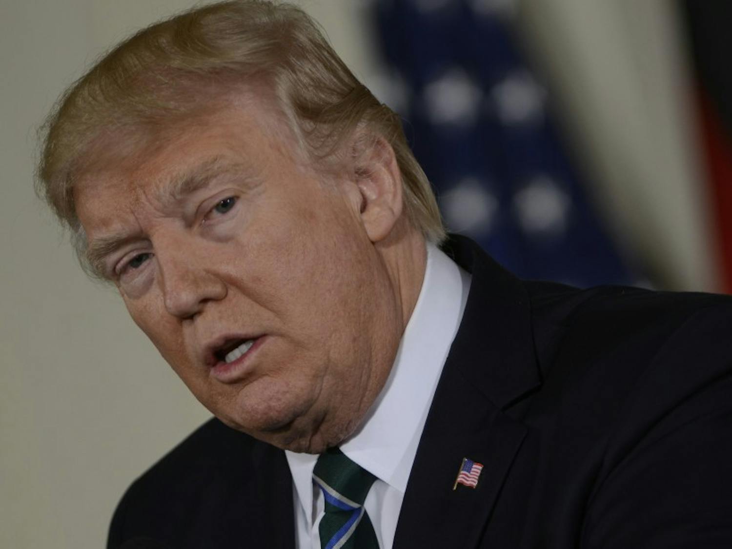 President Donald Trump during a joint news conference with German Chancellor Angela Merkel in the East Room of the White House on Friday, March 17, 2017, in Washington, D.C. (Leigh Vogel/Sipa USA/TNS)