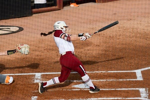 &nbsp;Graduate student infielder Mackenzie Boesel swings at a ball pitched by the opposing&nbsp;