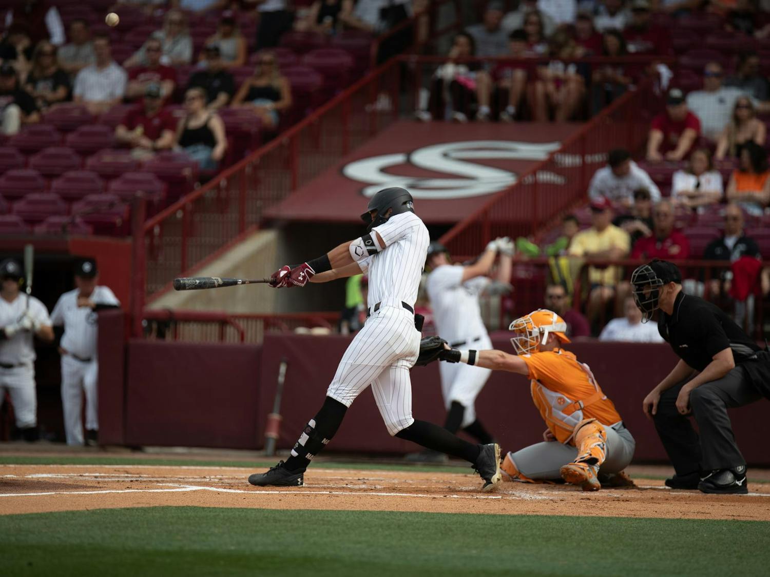 Junior outfielder Nathan Hall swings at a pitch on March 29, 2025, as South Carolina faces off against No. 1 Tennessee. Hall currently sits at a .378 batting average.