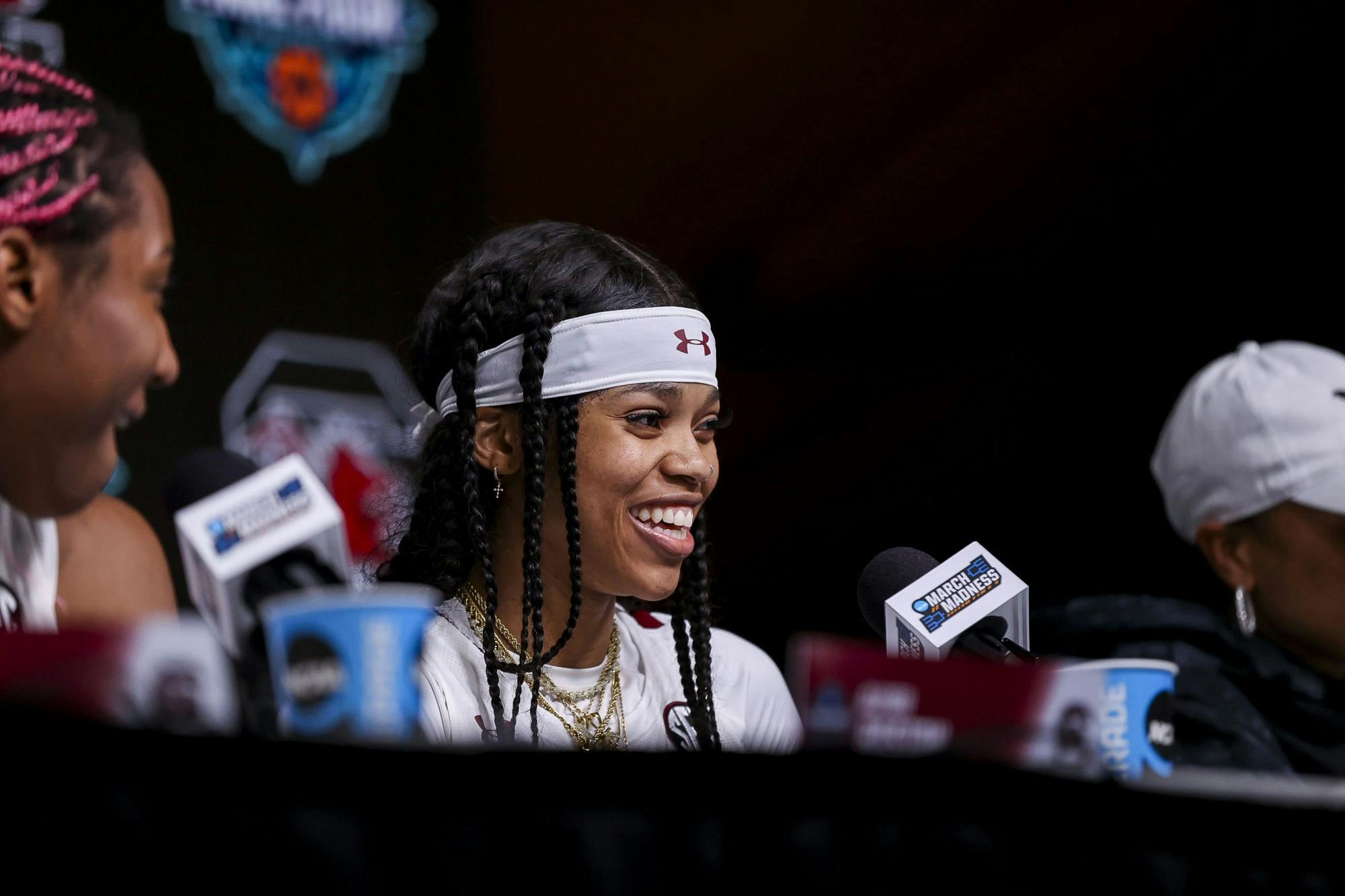 Junior guard Destanni Henderson speaks to the media after South Carolina's 72-59 victory over Louisville on April 1, 2022, advancing to the National Championship game.