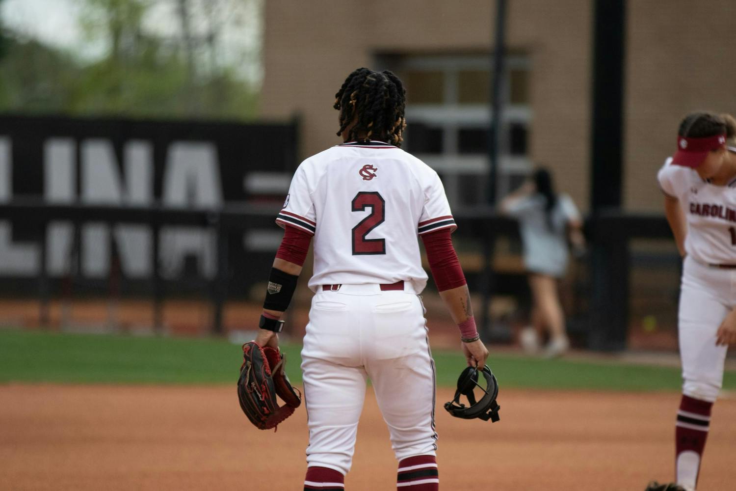 Senior infielder Denver Bryant looks toward the scoreboard during South Carolina’s matchup against Tennessee on March 23, 2024. Bryant holds a .954 fielding percentage for the Gamecocks this season.