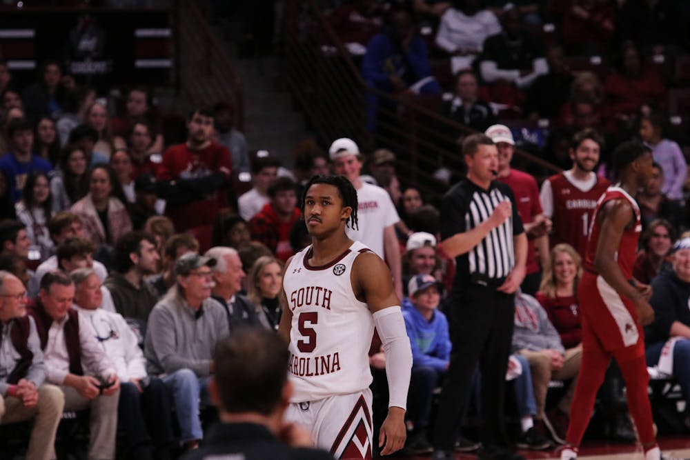 <p>Sophomore guard Meechie Johnson gets ready to throw the ball back into play against the University of Arkansas on Feb. 4, 2023. The Gamecocks fell short and lost to the Razorbacks 65-63 after a hard-fought comeback.&nbsp;</p>