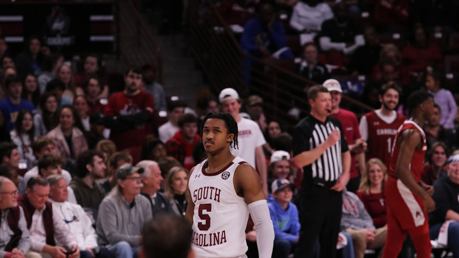 Sophomore guard Meechie Johnson gets ready to throw the ball back into play against the University of Arkansas on Feb. 4, 2023. The Gamecocks fell short and lost to the Razorbacks 65-63 after a hard-fought comeback.&nbsp;