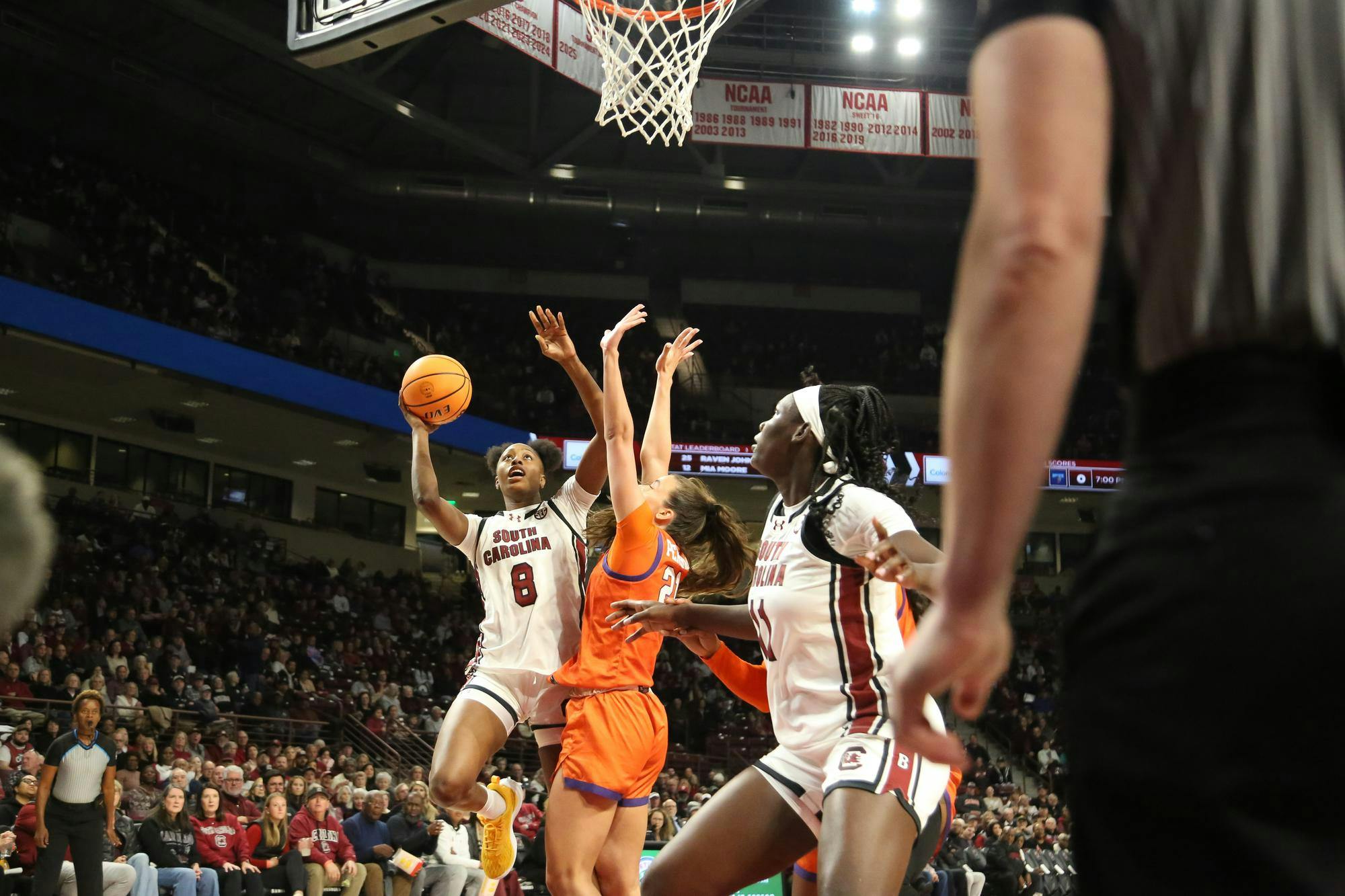 FILE — Sophomore forward Joyce Edwards goes for a layup over a defender against Clemson University on Nov. 11, 2025, at Colonial Life Arena. Edwards finished with 18 points to help the Gamecocks secure their 65-37 win against the Tigers.