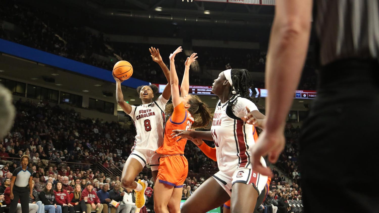 FILE — Sophomore forward Joyce Edwards goes for a layup over a defender against Clemson University on Nov. 11, 2025, at Colonial Life Arena. Edwards finished with 18 points to help the Gamecocks secure their 65-37 win against the Tigers.