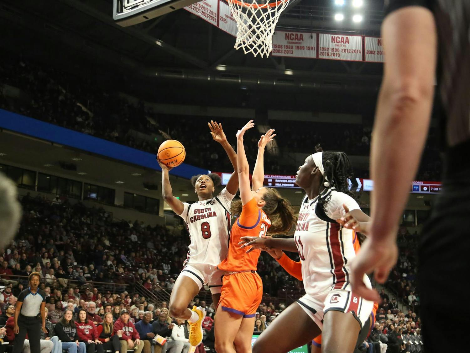 FILE — Sophomore forward Joyce Edwards goes for a layup over a defender against Clemson University on Nov. 11, 2025, at Colonial Life Arena. Edwards finished with 18 points to help the Gamecocks secure their 65-37 win against the Tigers.