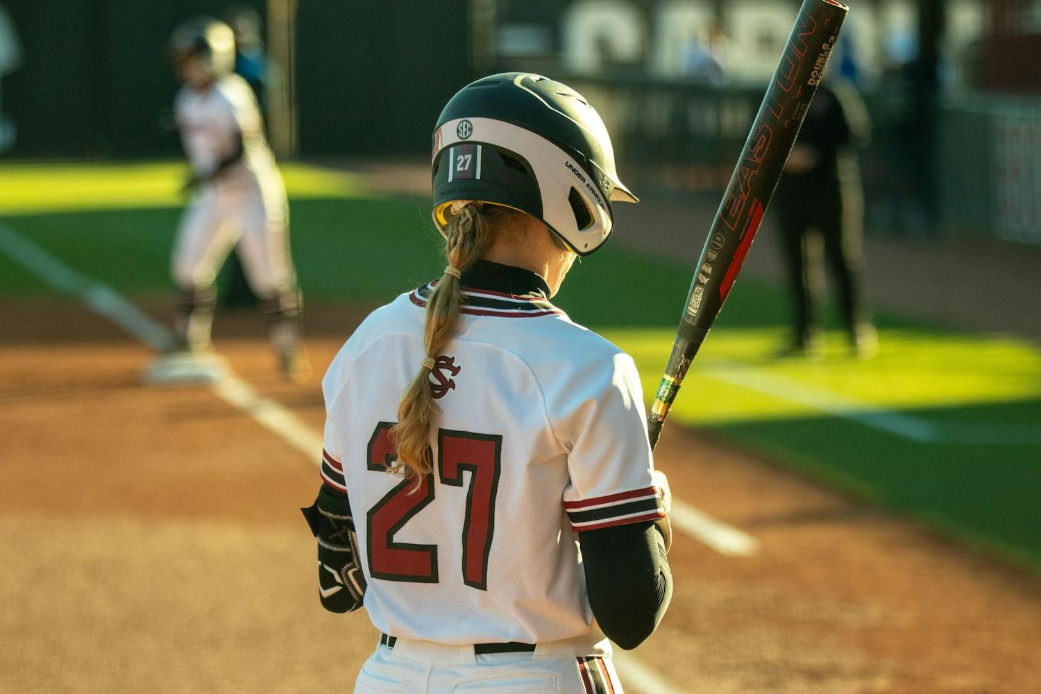 Redshirt senior utility player Kianna Jones stands ready prior to an at-bat during South Carolina’s game against Mississippi State on April 5, 2024. Jones carries a .272 batting average and was 0-3 in the ɫɫƵs 6-0 loss to the Bulldogs.