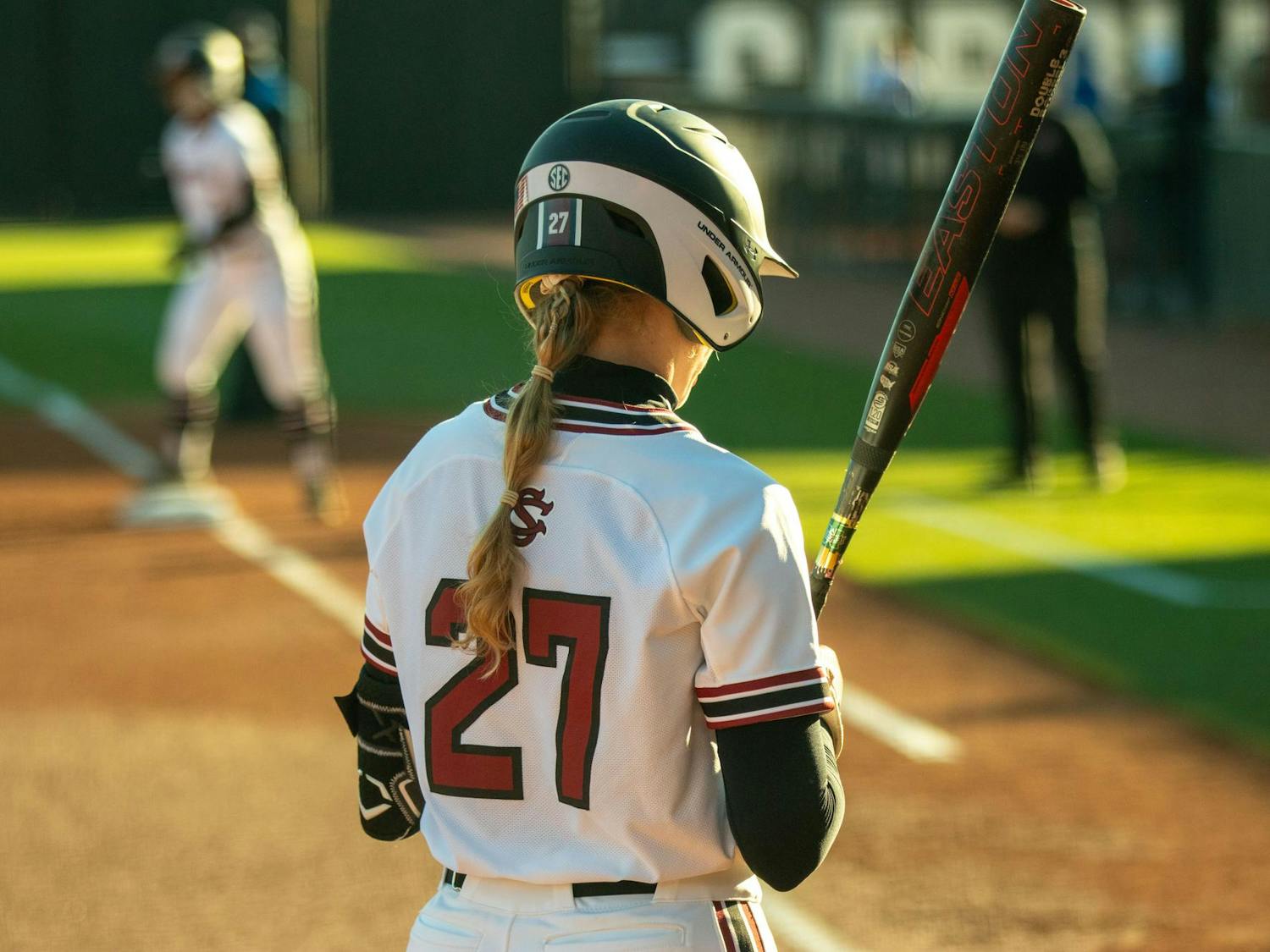 Redshirt senior utility player Kianna Jones stands ready prior to an at-bat during South Carolina’s game against Mississippi State on April 5, 2024. Jones carries a .272 batting average and was 0-3 in the Gamecocks 6-0 loss to the Bulldogs.