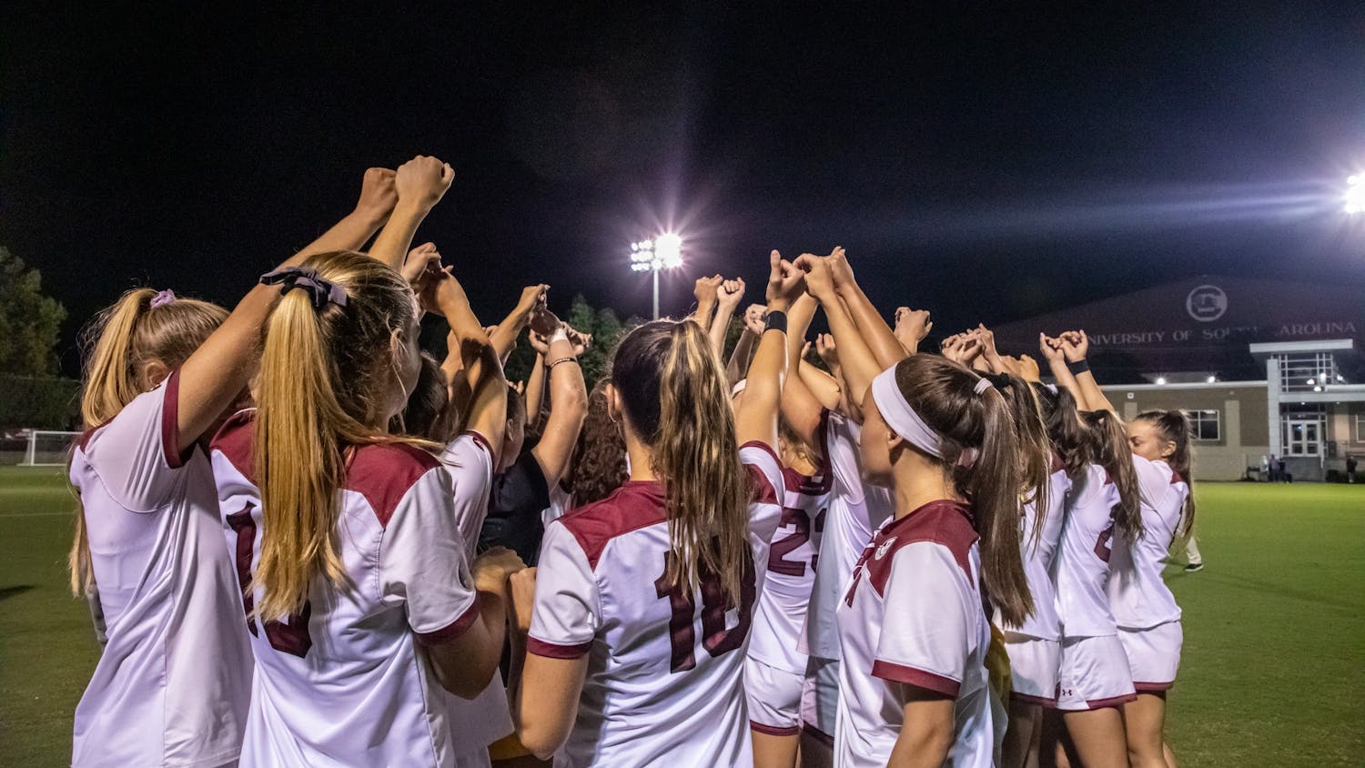 FILE—The women's soccer team gathers in a group huddle during a game against Vanderbilt on Sept. 23, 2021. The Gamecocks won 1-0.