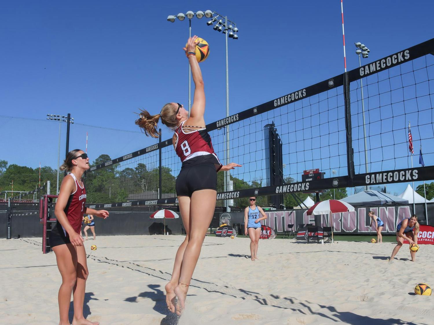 Junior Kristen Schenck spikes the ball in South Carolina's match against UT Martin on April 6, 2024. The Gamecocks improved to 13-9 on the season with the win. 