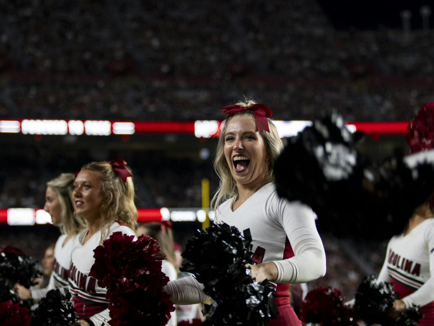 South Carolina cheerleaders get the crowd up and ready during a game against Mississippi State at Williams-Brice Stadium on Sept. 23, 2023. The Gamecocks defeated the Bulldogs 37-30.