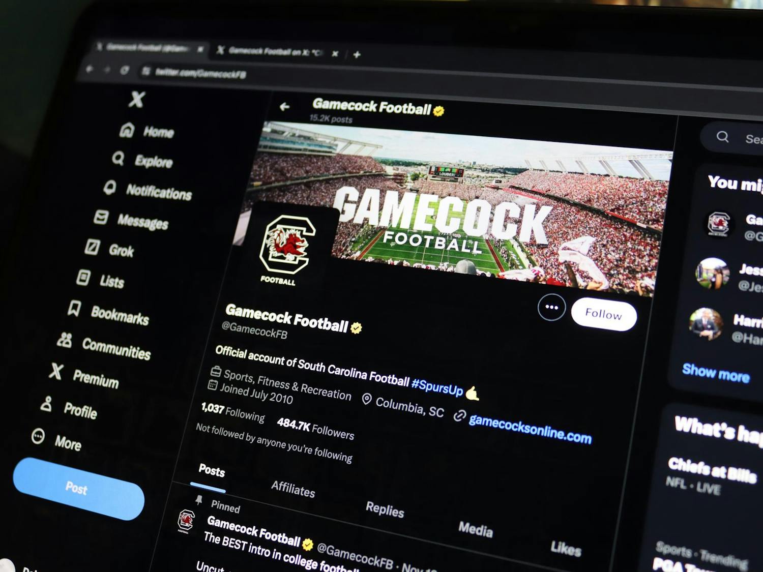 A photo illustration of a screen shows information from the Gamecocks Football Twitter profile on Jan. 21, 2024. The New and Creative Media team uses social media as an opportunity to draw the attention of Gen Z.