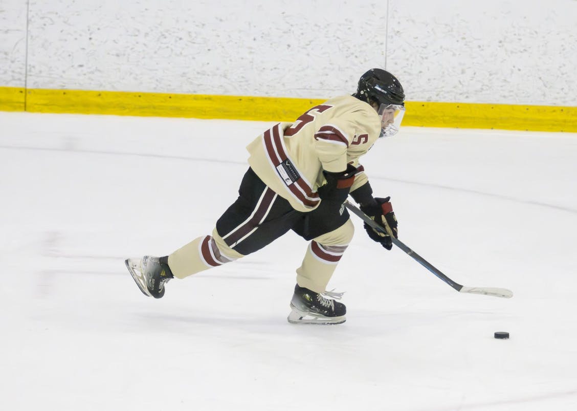 A player pushes the puck alongside him as he skates down the ice. 