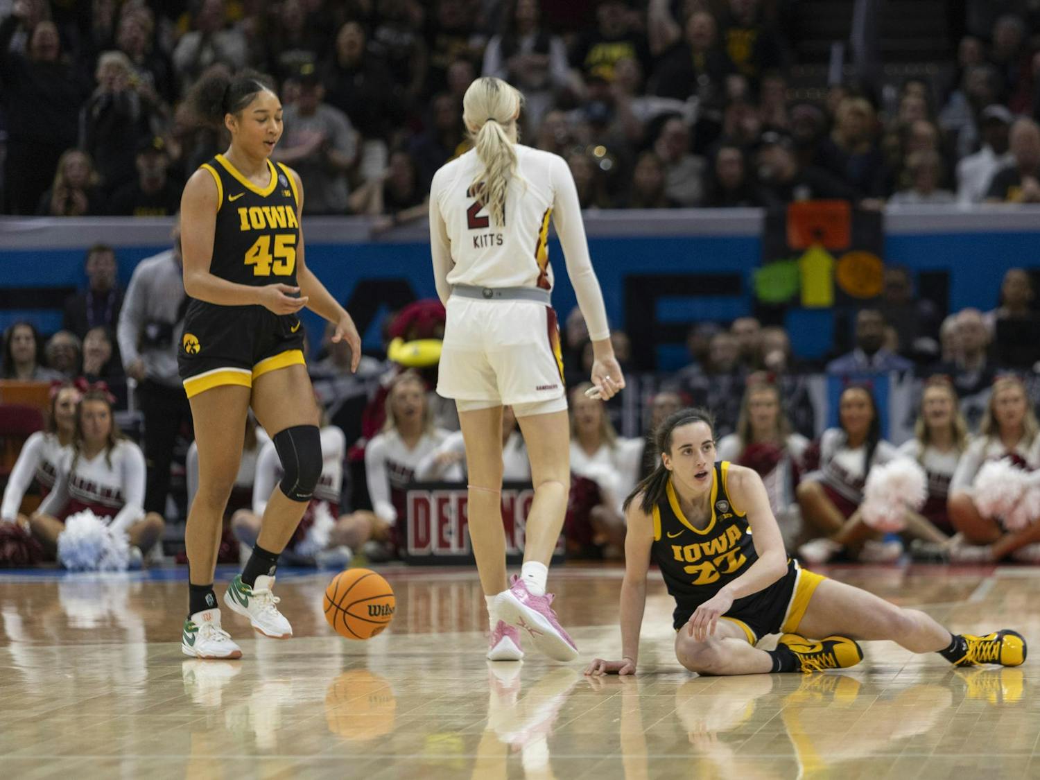 Hawkeye senior guard Caitlin Clark is on the floor after being fouled during the Hawkeye's match up with South Carolina on April 7, 2024. Clark scored 30 points for the Hawkeyes during the team's second consecutive loss in the national championship game.