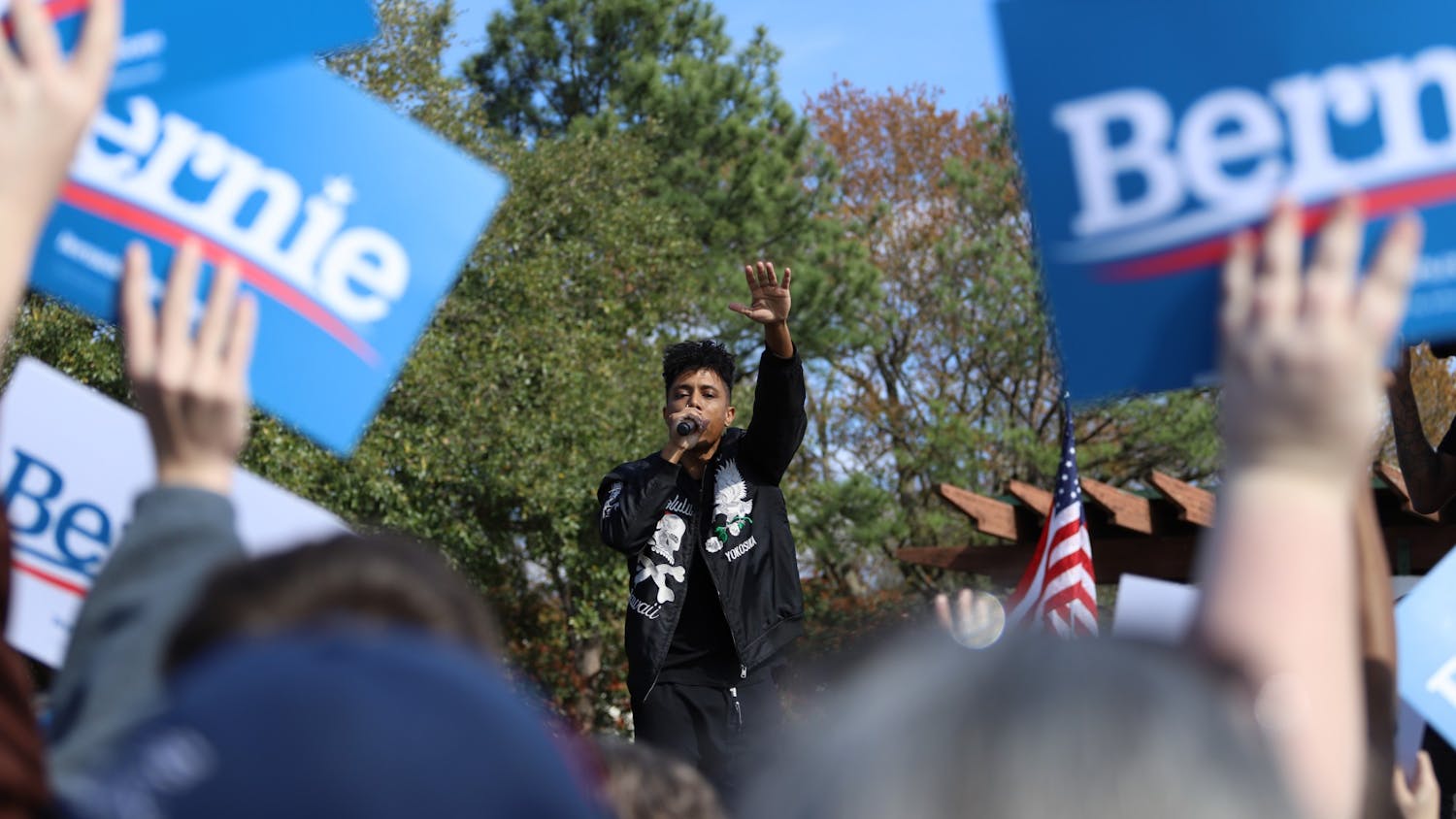 Southern hip-hop duo Blackillac, compromised of Emcees Zeale and Phranchyze, sings at a Bernie Sanders rally Feb. 28, 2020, at Finlay Park in Columbia.