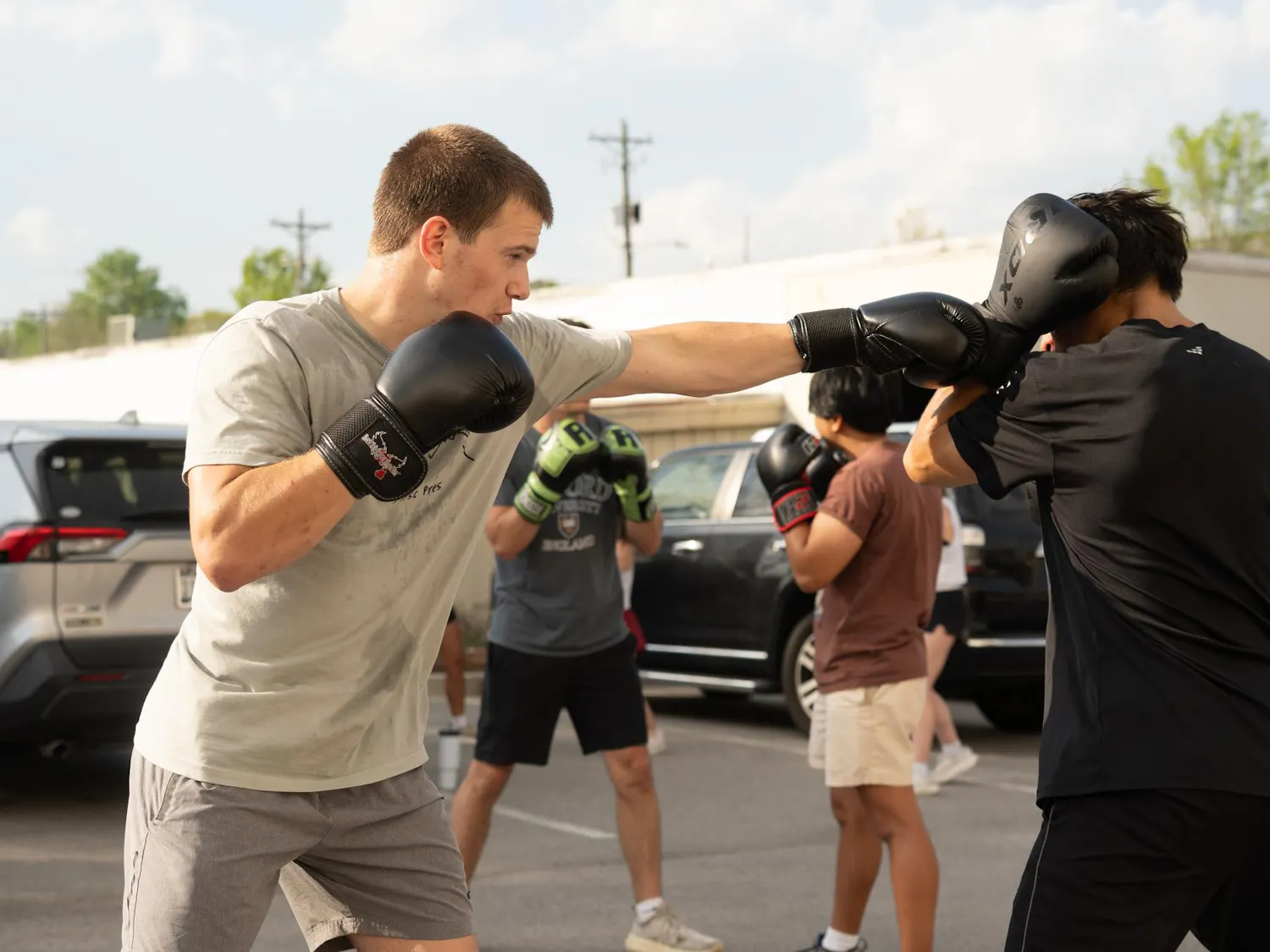 Boxing Club members Noah Webber (left) and Mateo (right) spar during practice on March 23, 2026. The practice included multiple drills to help fighters learn new techniques.