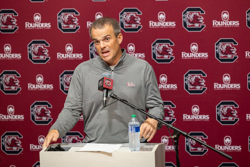 <p>Gamecock football head coach Shane Beamer addresses the media at the Gamecock Football Operations Center on Nov. 7, 2023. Beamer spoke about celebrating wins after the Gamecocks won against Jacksonville State on Saturday.</p>