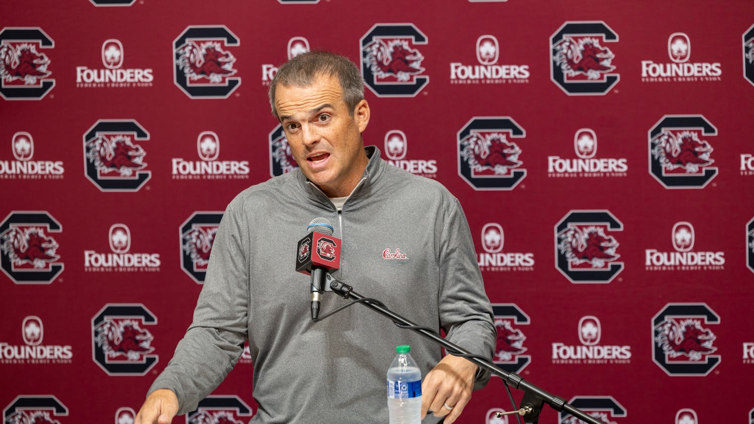 Gamecock football head coach Shane Beamer addresses the media at the Gamecock Football Operations Center on Nov. 7, 2023. Beamer spoke about celebrating wins after the Gamecocks won against Jacksonville State on Saturday.