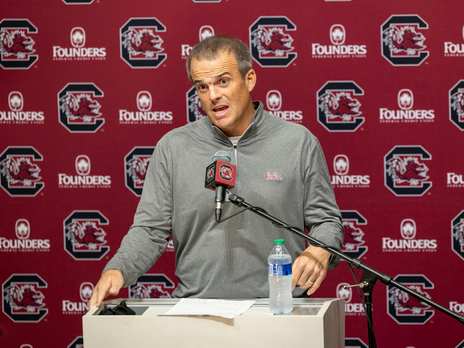 Gamecock football head coach Shane Beamer addresses the media at the Gamecock Football Operations Center on Nov. 7, 2023. Beamer spoke about celebrating wins after the Gamecocks won against Jacksonville State on Saturday.