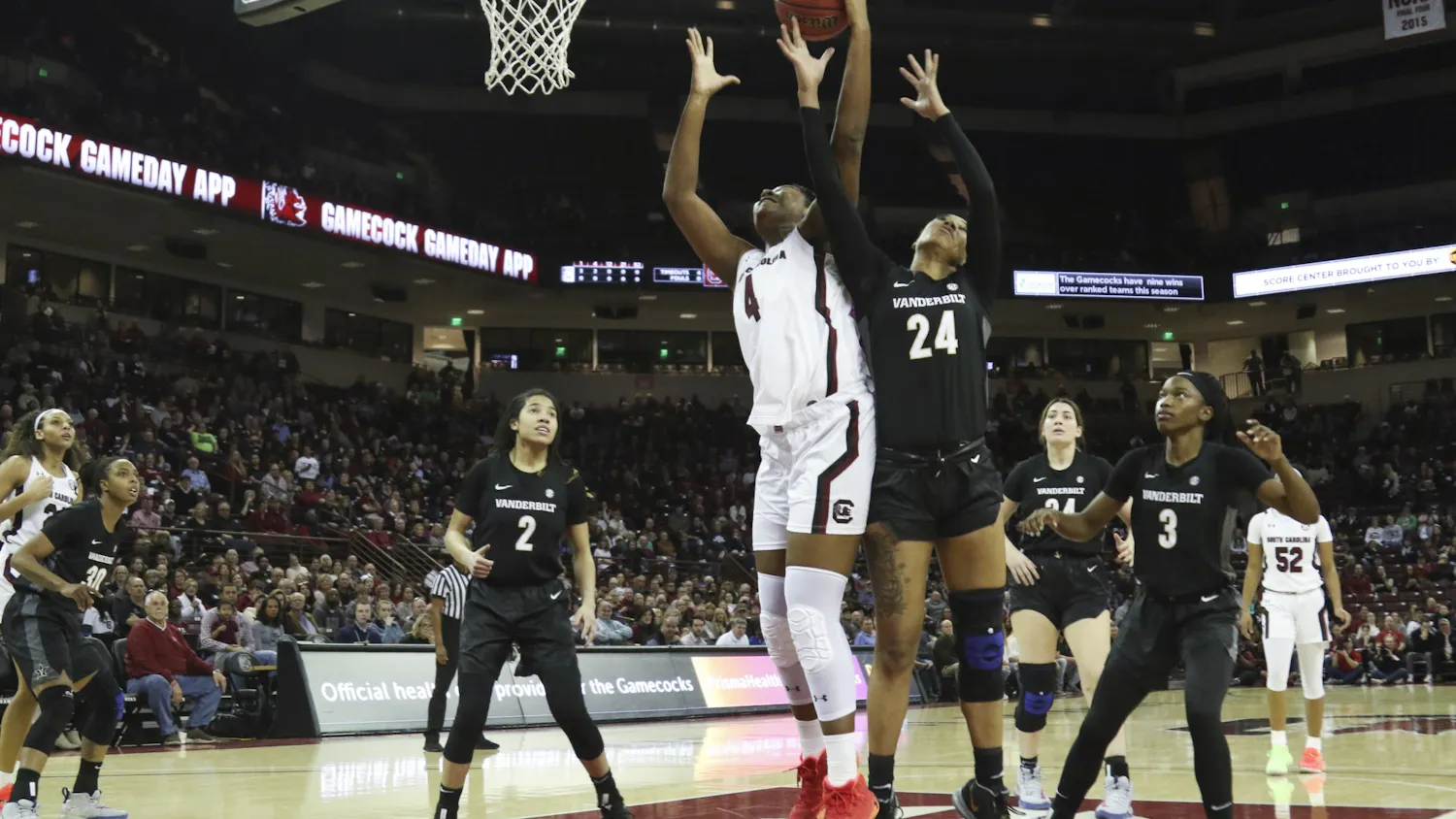 Sophomore forward Aliyah Boston goes up for a rebound in a 2020 game against Vanderbilt. The Gamecocks beat the Commodores 106-43 in Nashville on Thursday. 