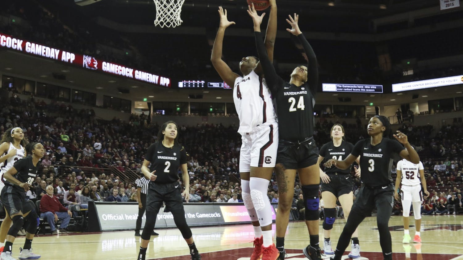 Sophomore forward Aliyah Boston goes up for a rebound in a 2020 game against Vanderbilt. The Gamecocks beat the Commodores 106-43 in Nashville on Thursday.&nbsp;